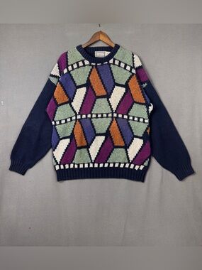 Vintage Concrete Mix Geometric Stained Glass Look Crewneck Ramie Sweater, L